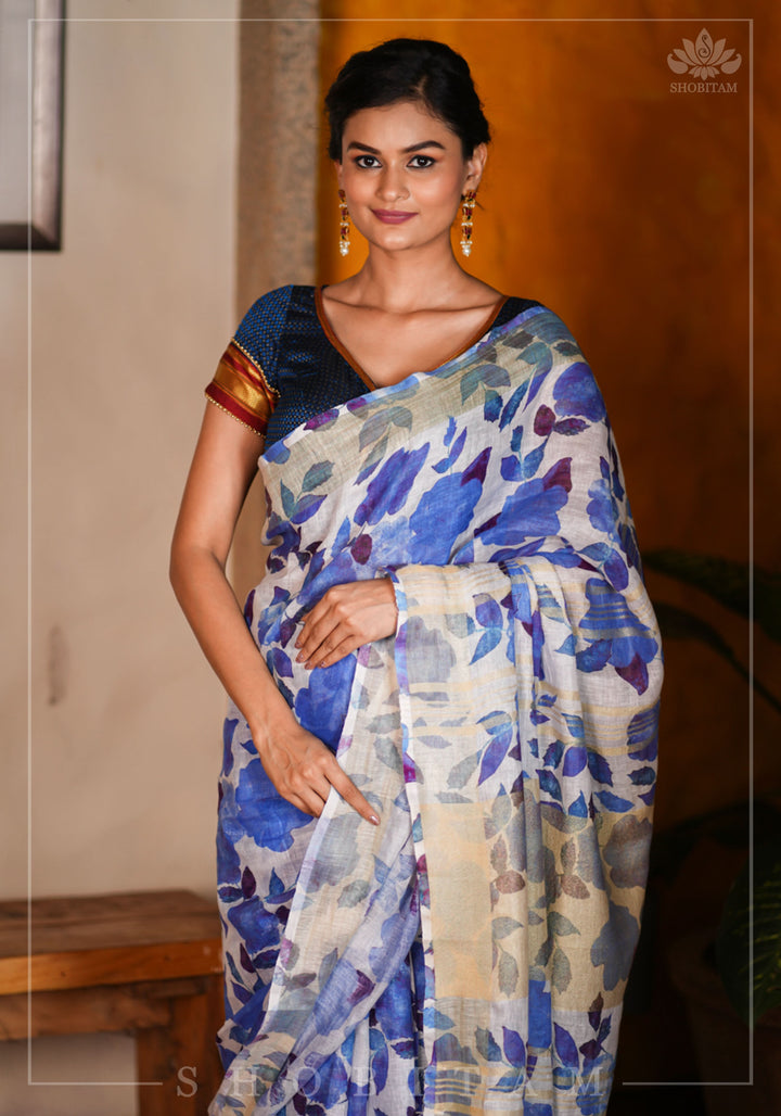 Watercolor Digital Print  Linen saree in Blue