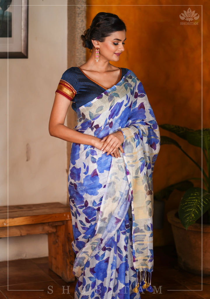 Watercolor Digital Print  Linen saree in Blue