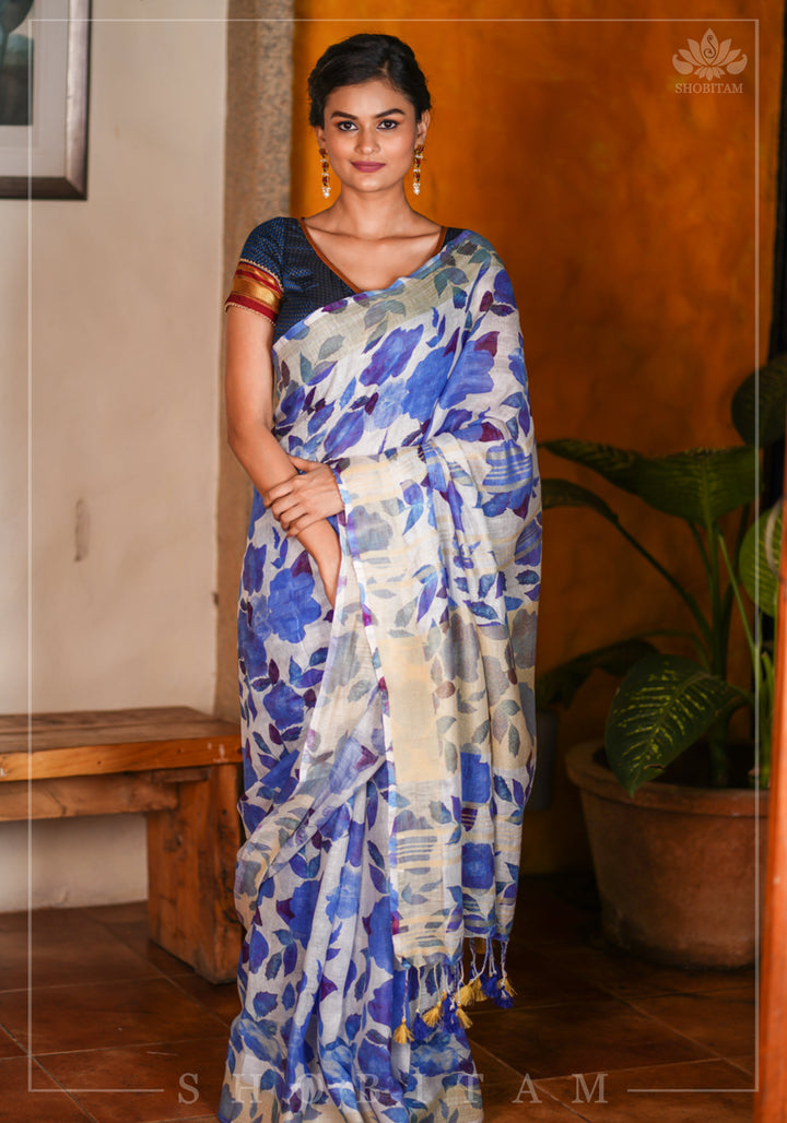 Watercolor Digital Print  Linen saree in Blue