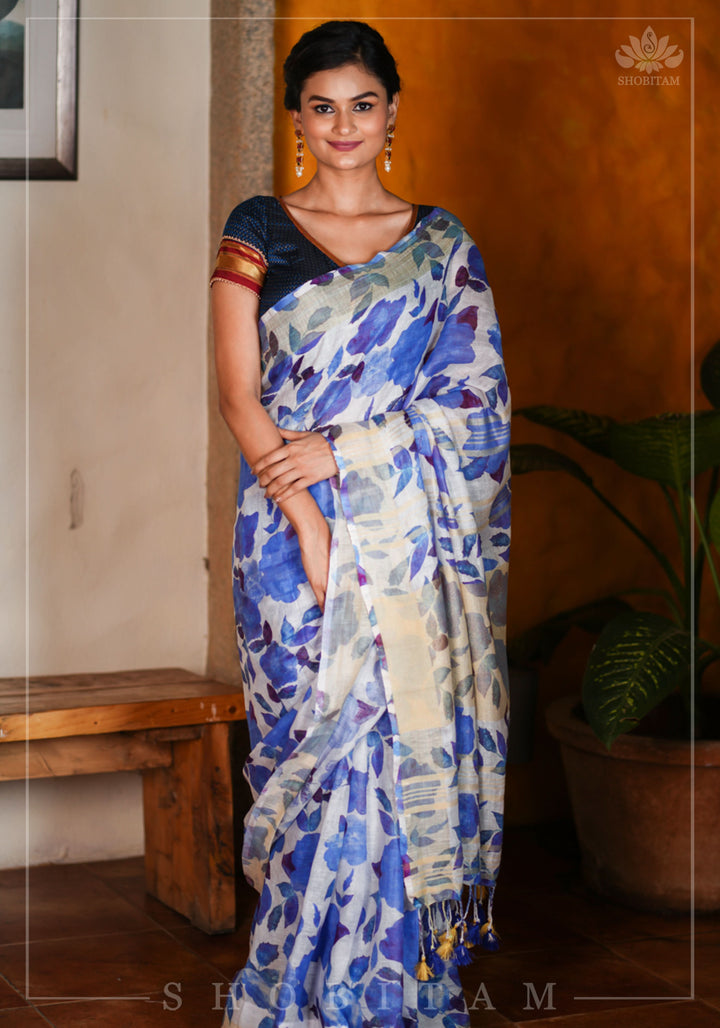 Watercolor Digital Print  Linen saree in Blue