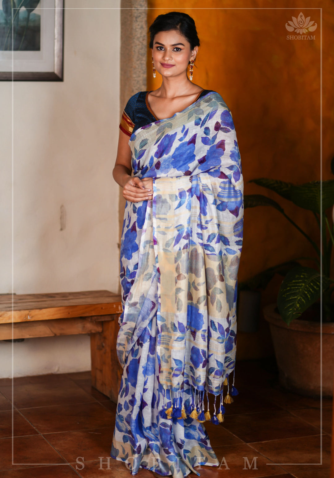 Watercolor Digital Print  Linen saree in Blue