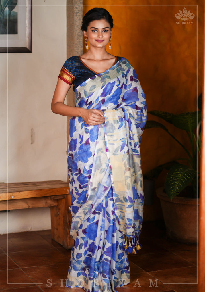 Watercolor Digital Print  Linen saree in Blue