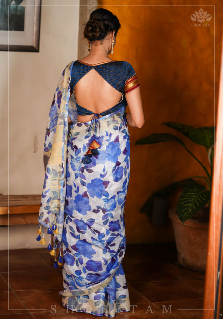 Watercolor Digital Print  Linen saree in Blue