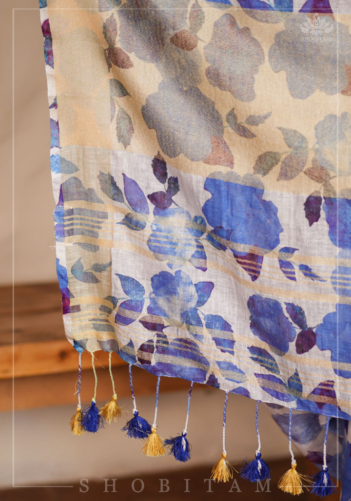 Watercolor Digital Print  Linen saree in Blue