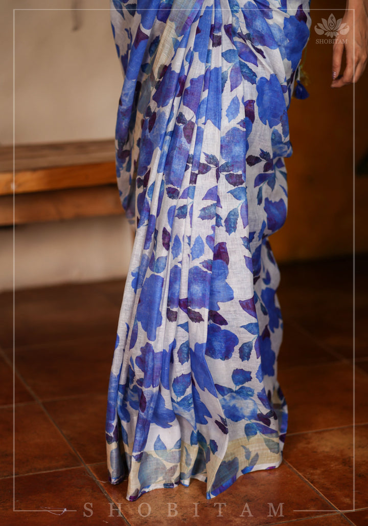 Watercolor Digital Print  Linen saree in Blue