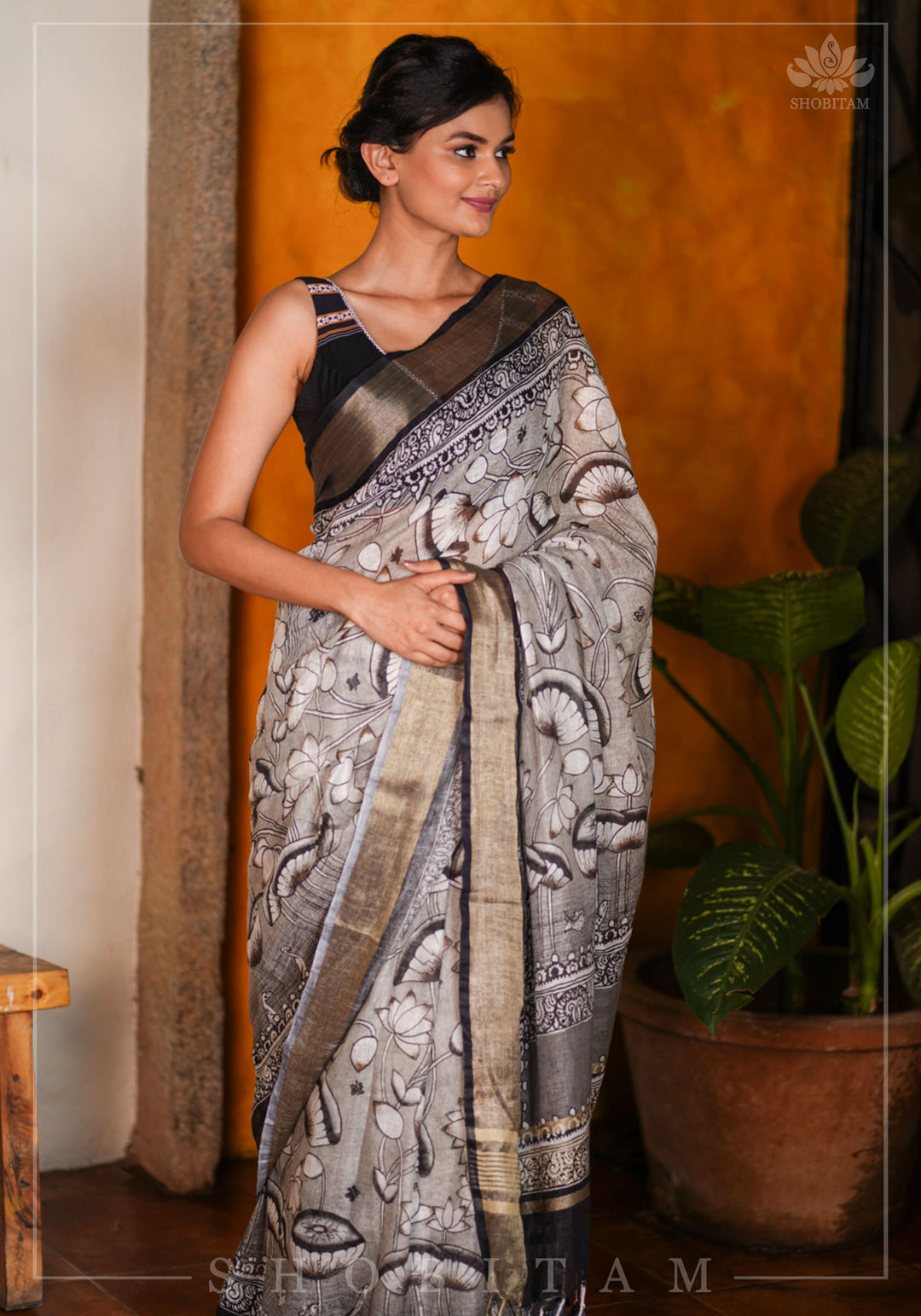 Pre order  Pichwai DigitaI Print on Pure Linen by Linen Saree in Gray