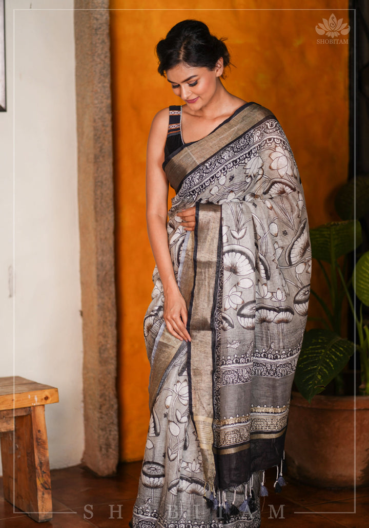 Pre order  Pichwai DigitaI Print on Pure Linen by Linen Saree in Gray
