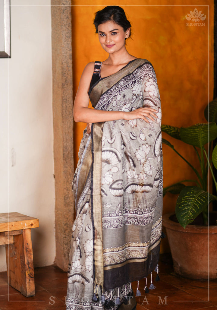 Pre order  Pichwai DigitaI Print on Pure Linen by Linen Saree in Gray