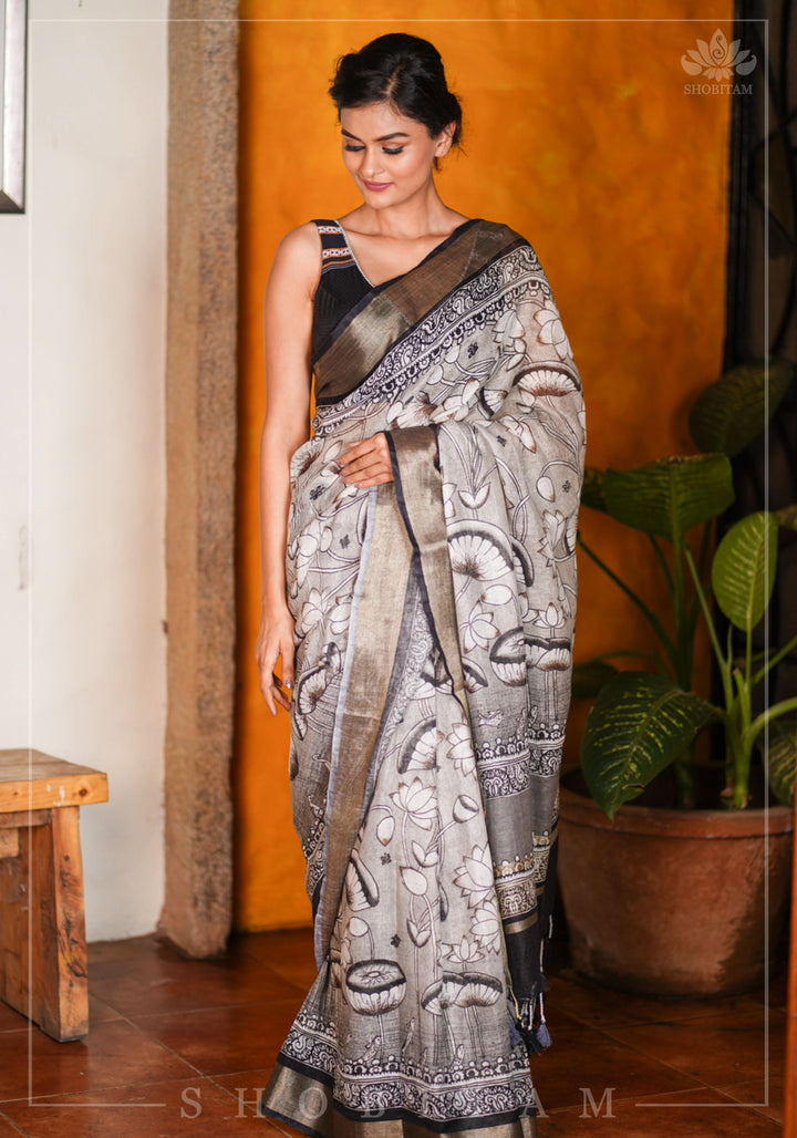 Pre order  Pichwai DigitaI Print on Pure Linen by Linen Saree in Gray