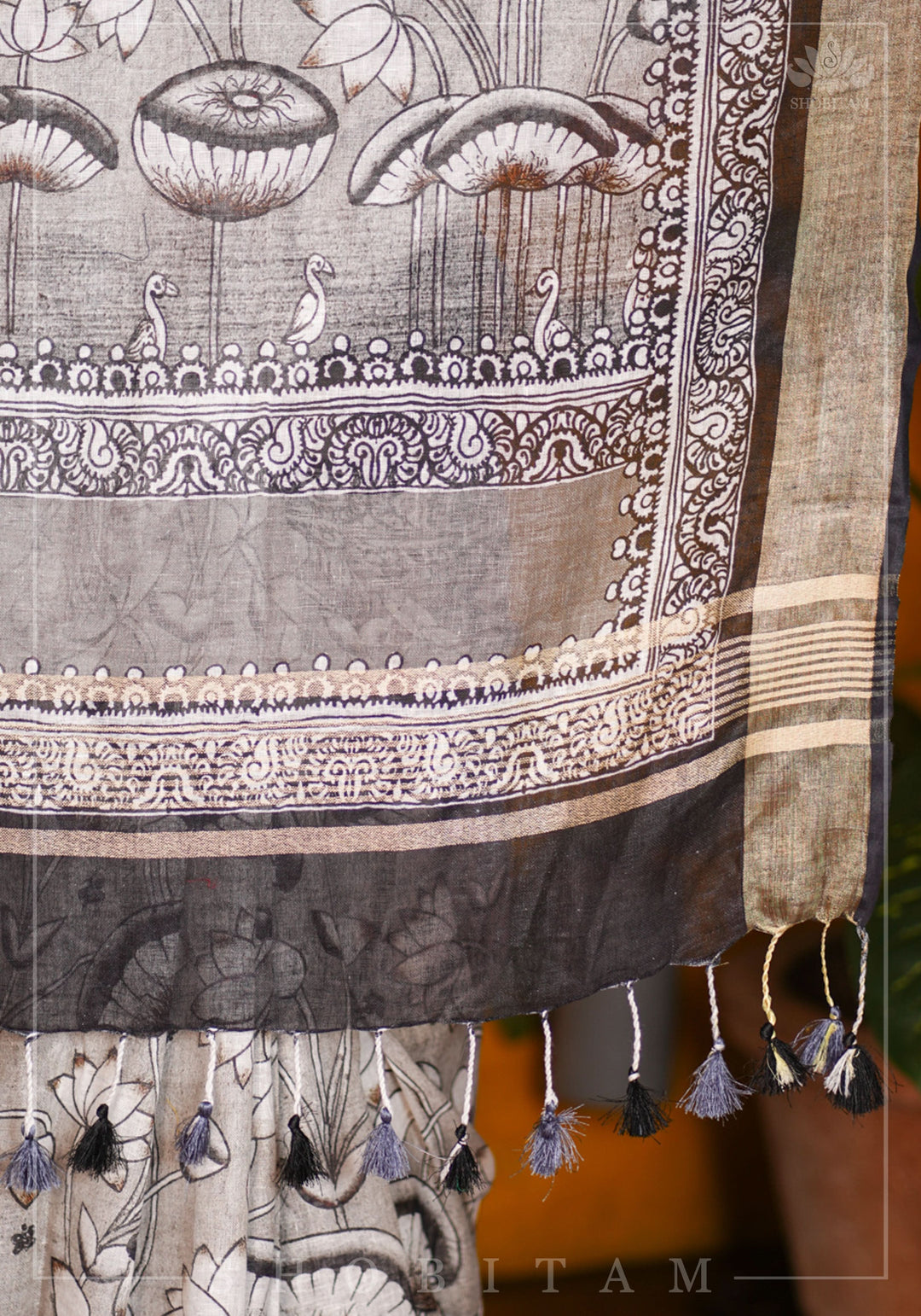 Pre order  Pichwai DigitaI Print on Pure Linen by Linen Saree in Gray