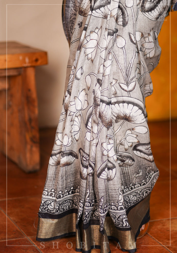 Pre order  Pichwai DigitaI Print on Pure Linen by Linen Saree in Gray
