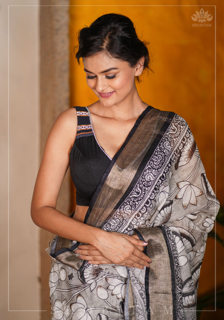 Pre order  Pichwai DigitaI Print on Pure Linen by Linen Saree in Gray