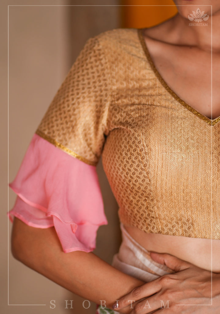 Gold brocade & peach pink chiffon ruffle V neck blouse