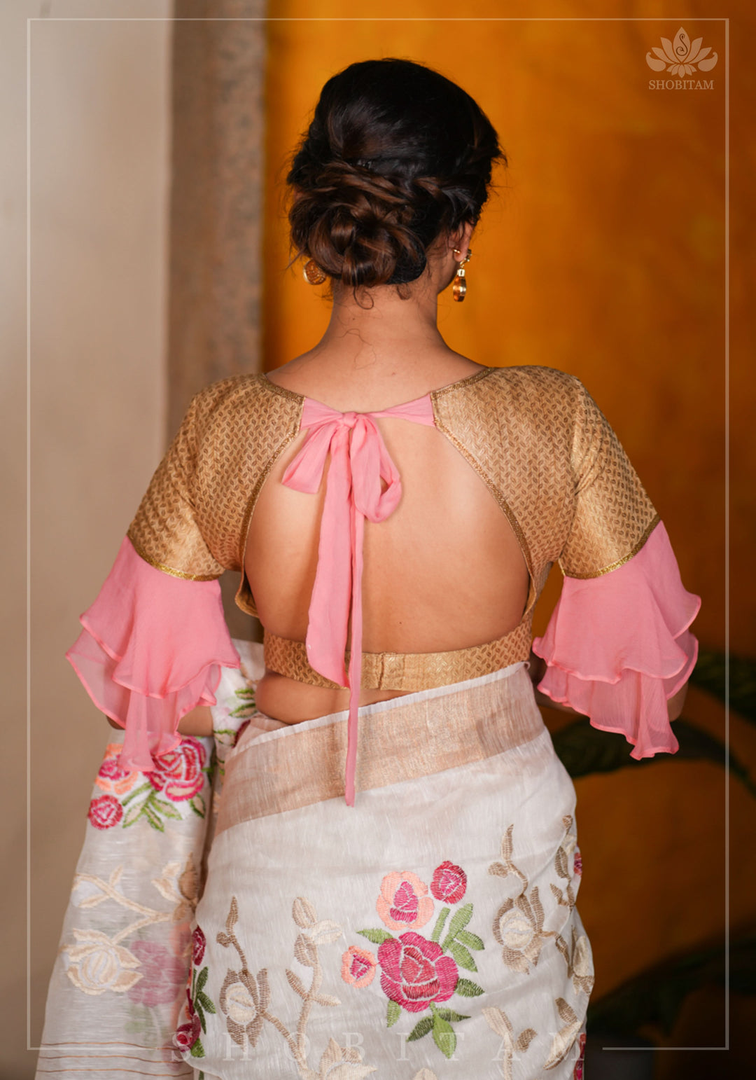 Gold brocade & peach pink chiffon ruffle V neck blouse