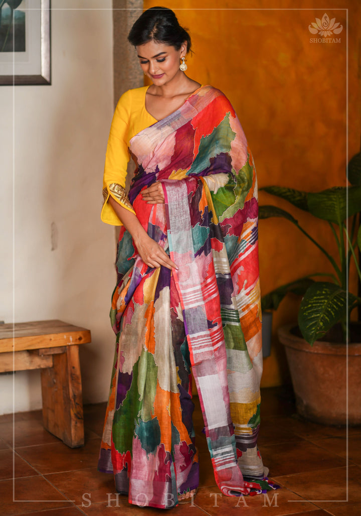 Abstract Print Multicolor Linen by Linen Saree with Zari Border