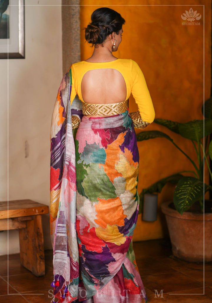 Abstract Print Multicolor Linen by Linen Saree with Zari Border