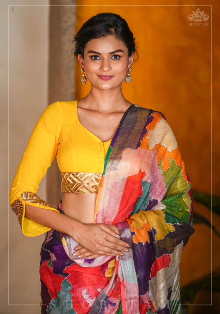 Abstract Print Multicolor Linen by Linen Saree with Zari Border