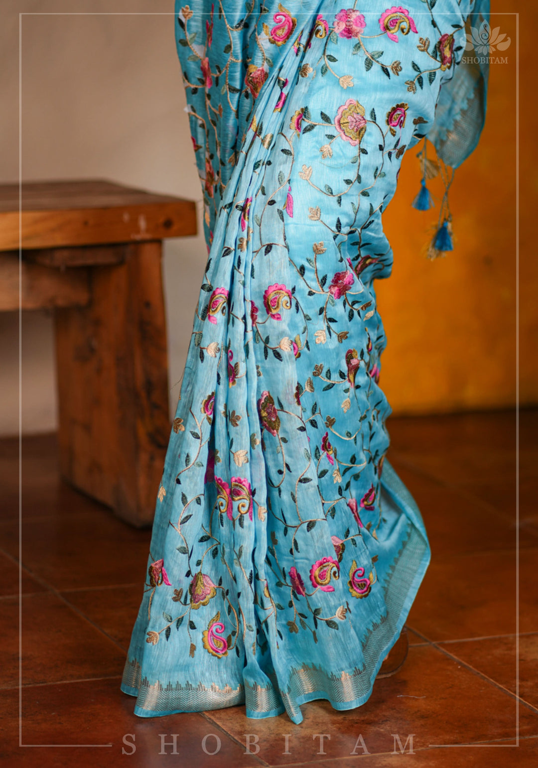 Floral Jaal embroidery on Silk Linen In Blue with woven zari borders