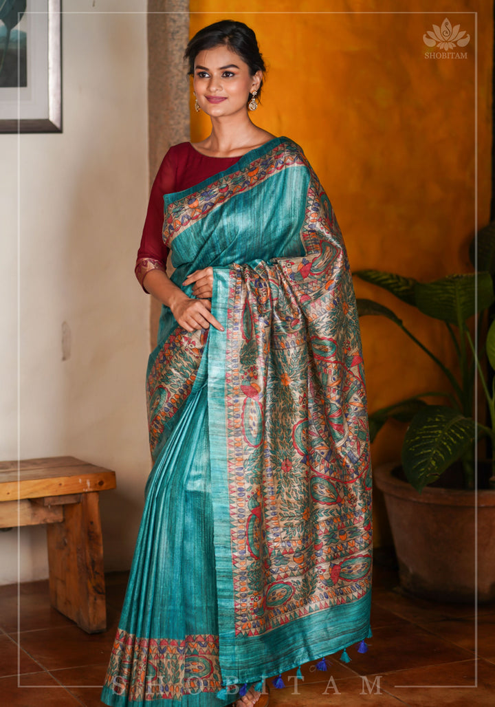Authentic Madhubani Hand Painted Saree on Pure Tussar Silk in Teal | SILK MARK CERTIFIED |