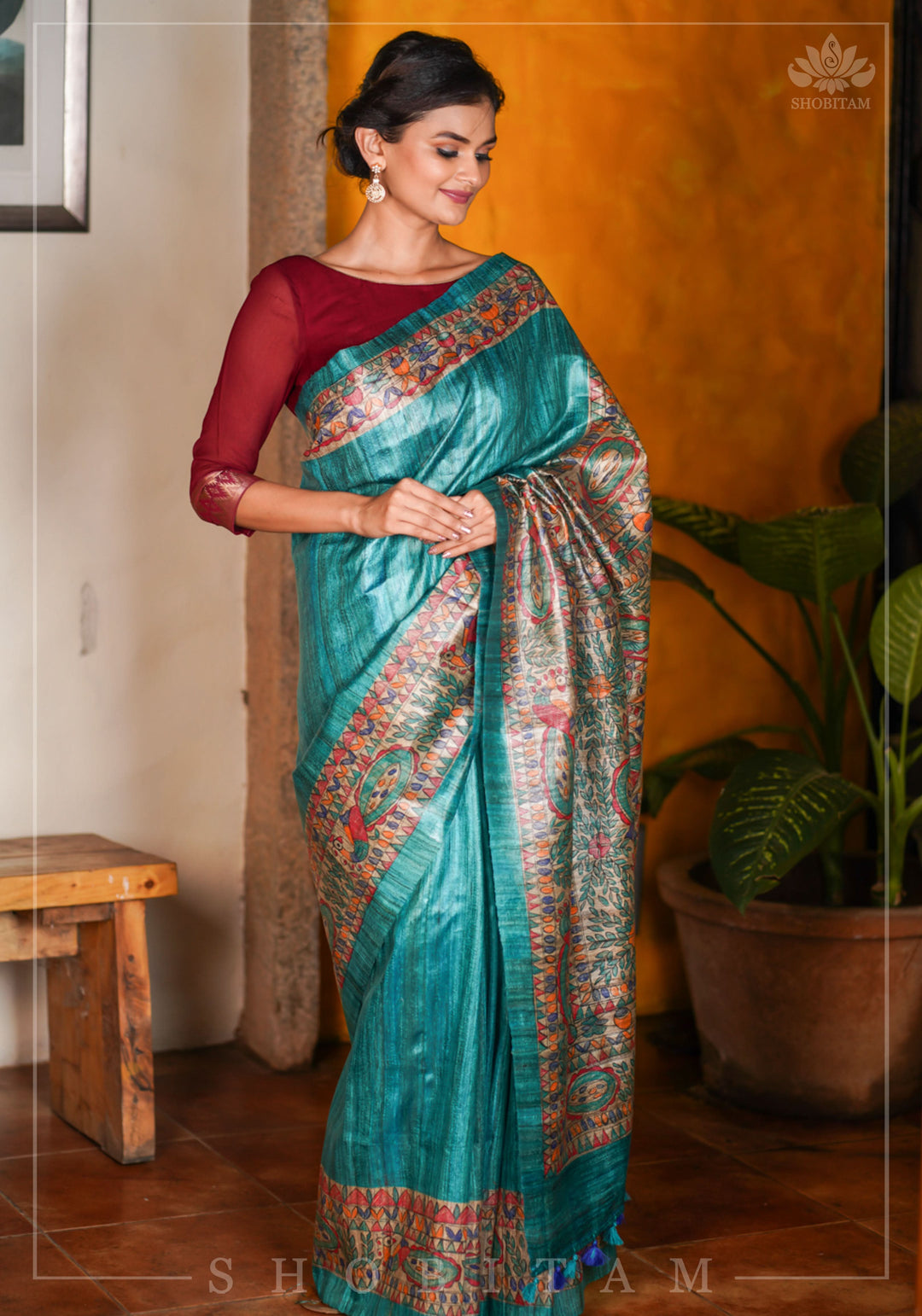 Authentic Madhubani Hand Painted Saree on Pure Tussar Silk in Teal | SILK MARK CERTIFIED |
