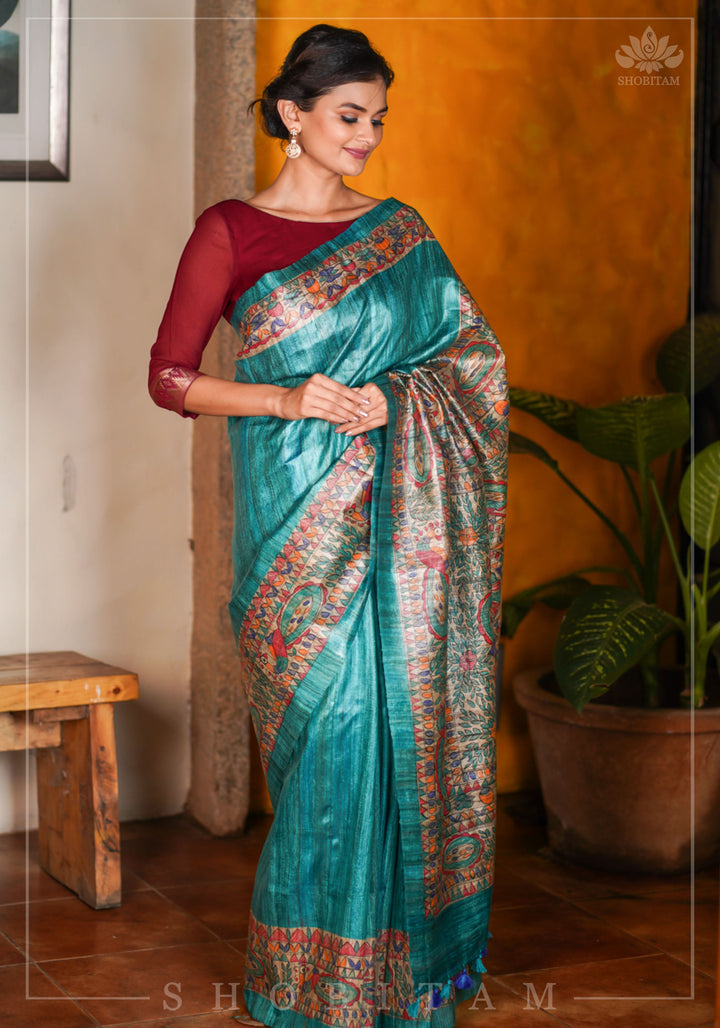 Authentic Madhubani Hand Painted Saree on Pure Tussar Silk in Teal | SILK MARK CERTIFIED |