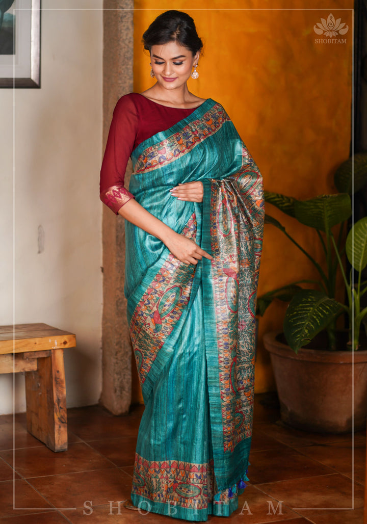 Authentic Madhubani Hand Painted Saree on Pure Tussar Silk in Teal | SILK MARK CERTIFIED |