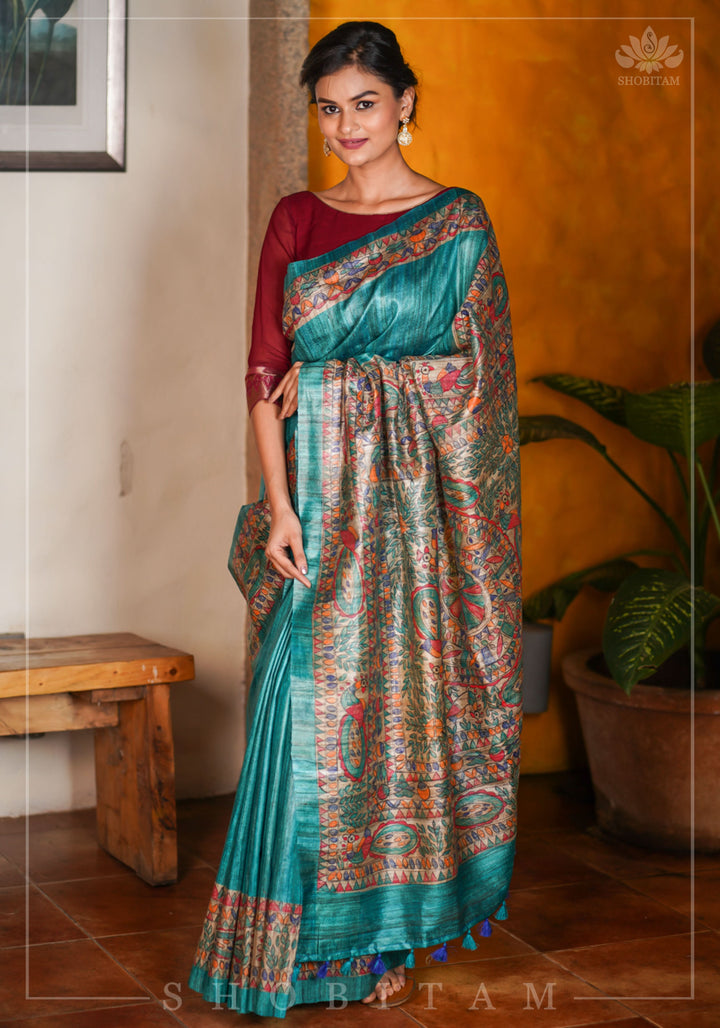 Authentic Madhubani Hand Painted Saree on Pure Tussar Silk in Teal | SILK MARK CERTIFIED |