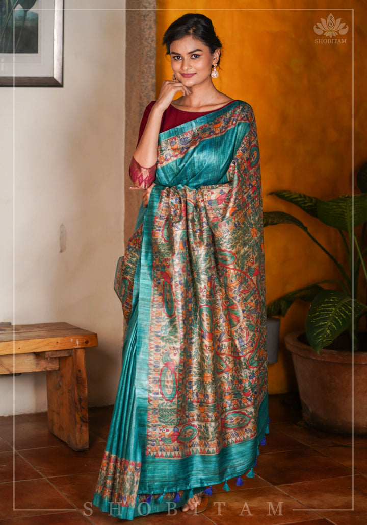 Authentic Madhubani Hand Painted Saree on Pure Tussar Silk in Teal | SILK MARK CERTIFIED |