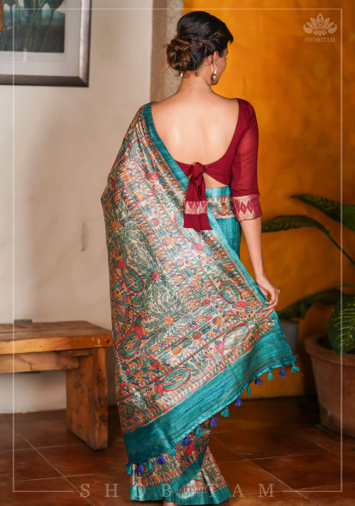 Authentic Madhubani Hand Painted Saree on Pure Tussar Silk in Teal | SILK MARK CERTIFIED |