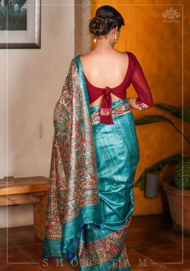 Authentic Madhubani Hand Painted Saree on Pure Tussar Silk in Teal | SILK MARK CERTIFIED |