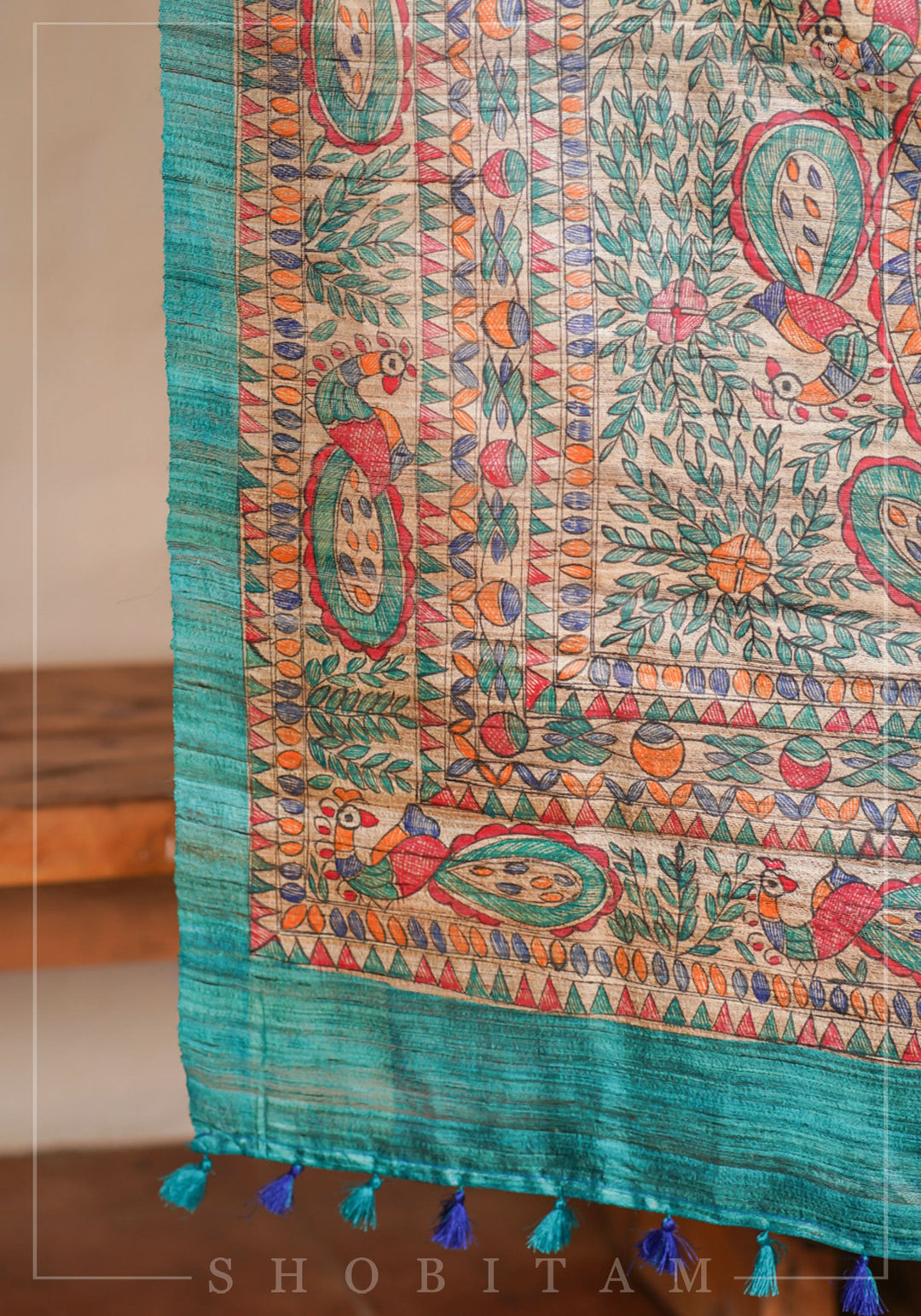 Authentic Madhubani Hand Painted Saree on Pure Tussar Silk in Teal | SILK MARK CERTIFIED |