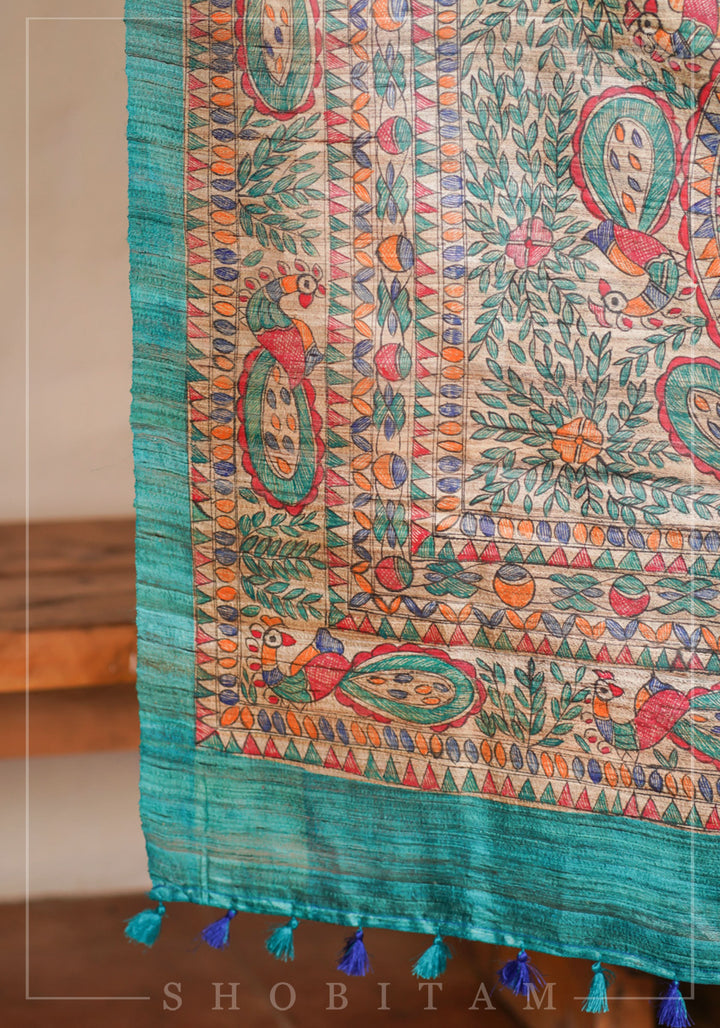 Authentic Madhubani Hand Painted Saree on Pure Tussar Silk in Teal | SILK MARK CERTIFIED |