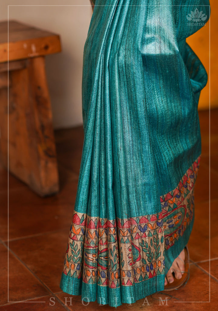 Authentic Madhubani Hand Painted Saree on Pure Tussar Silk in Teal | SILK MARK CERTIFIED |
