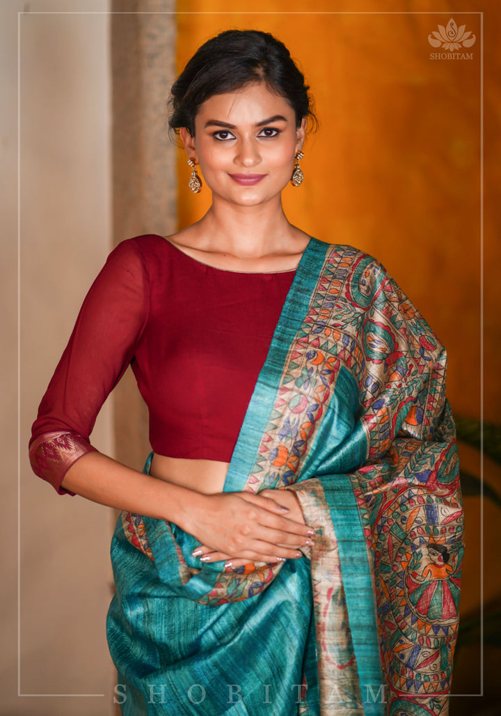 Authentic Madhubani Hand Painted Saree on Pure Tussar Silk in Teal | SILK MARK CERTIFIED |