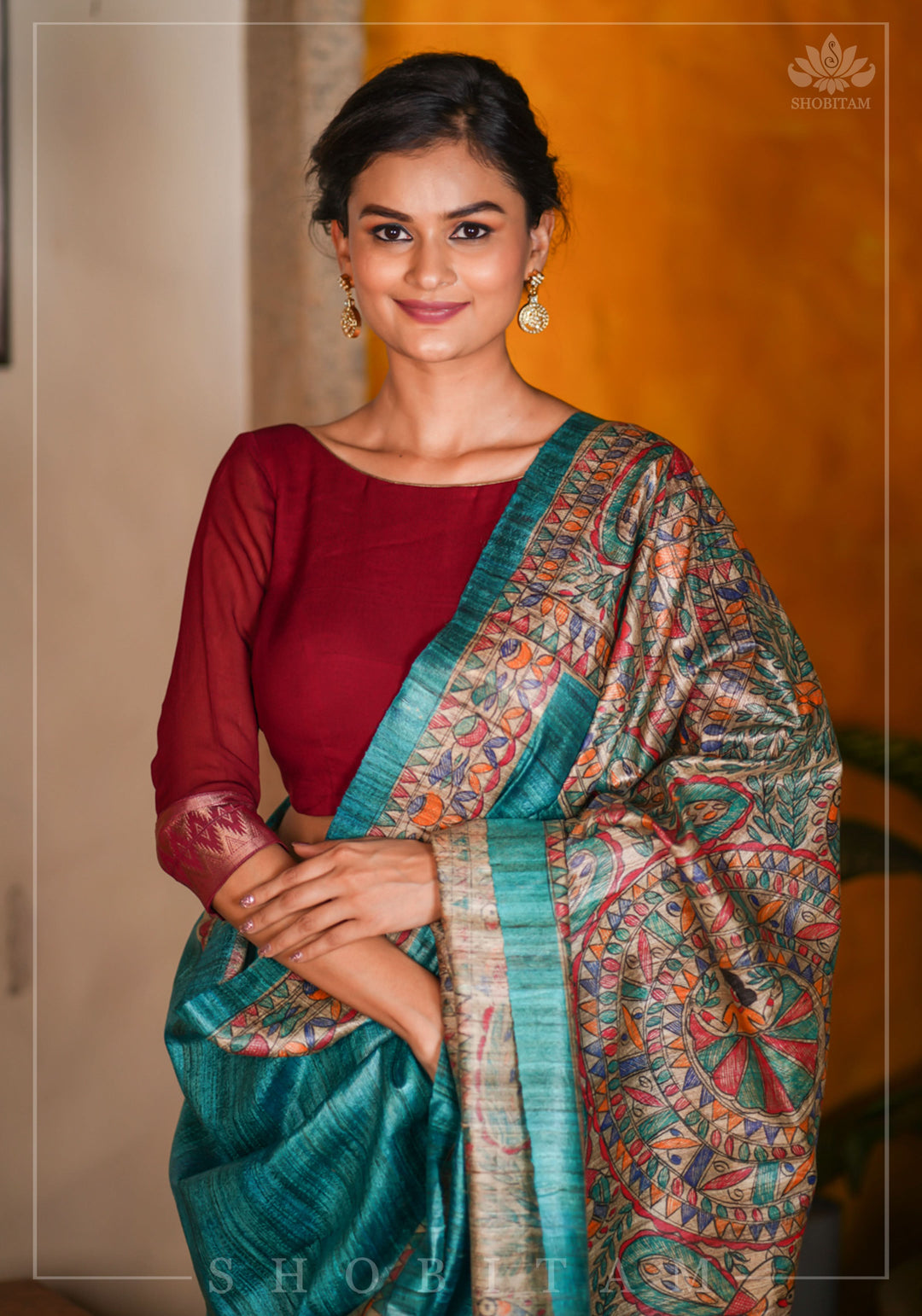 Maroon Boatneck Blouse in Chiffon with zari detailing