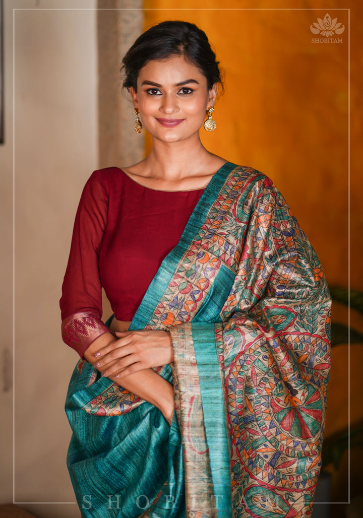 Maroon Boatneck Blouse in Chiffon with zari detailing