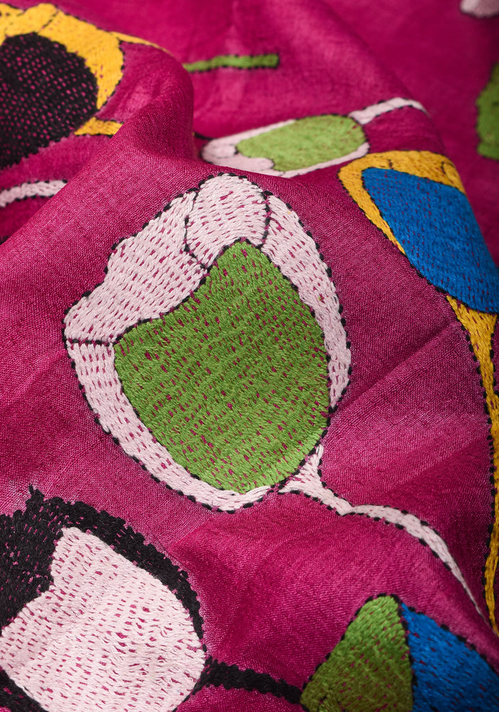 Purple Pure Tussar Silk Saree with Sozni Kantha Tulip Design Hand Embroidert | SILK MARK CERTIFIED