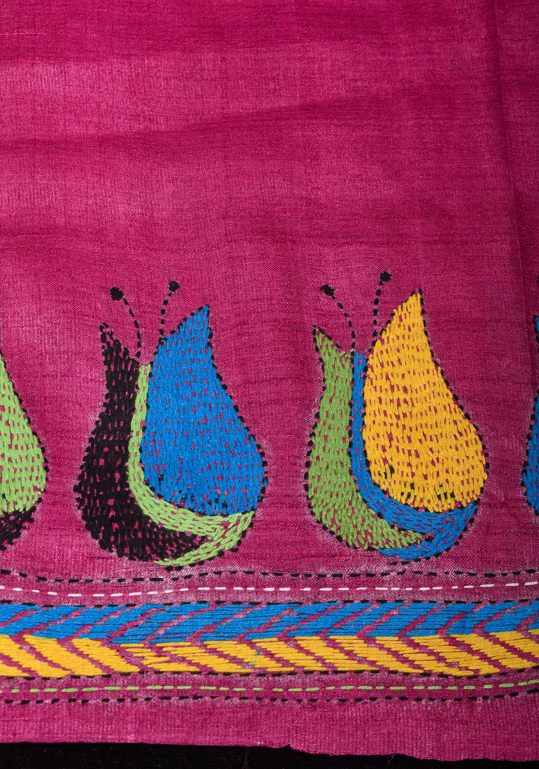 Purple Pure Tussar Silk Saree with Sozni Kantha Tulip Design Hand Embroidert | SILK MARK CERTIFIED