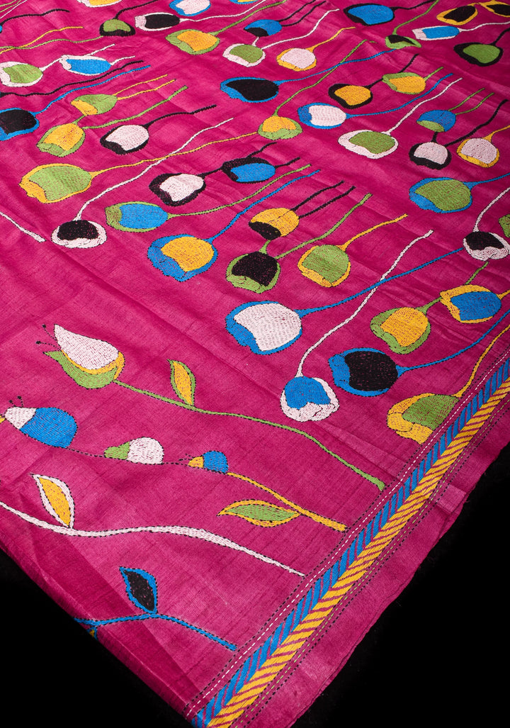 Purple Pure Tussar Silk Saree with Sozni Kantha Tulip Design Hand Embroidert | SILK MARK CERTIFIED