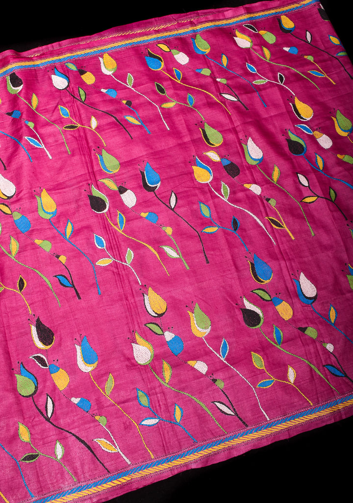 Purple Pure Tussar Silk Saree with Sozni Kantha Tulip Design Hand Embroidert | SILK MARK CERTIFIED