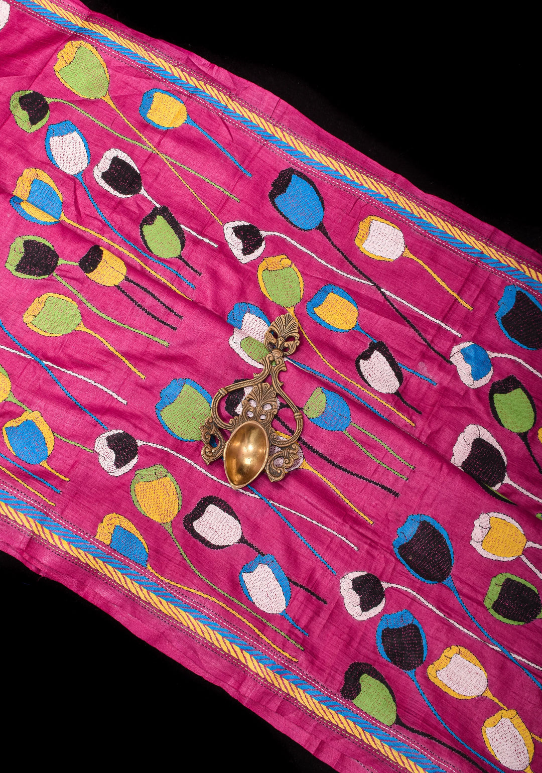 Purple Pure Tussar Silk Saree with Sozni Kantha Tulip Design Hand Embroidert | SILK MARK CERTIFIED