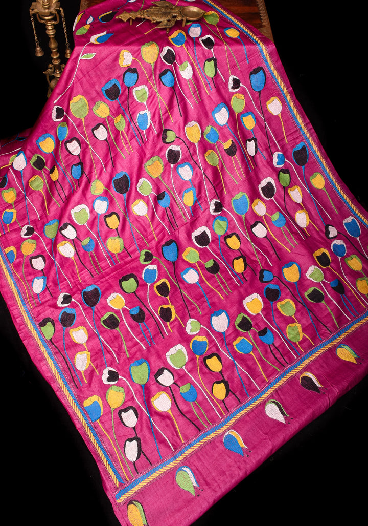 Purple Pure Tussar Silk Saree with Sozni Kantha Tulip Design Hand Embroidert | SILK MARK CERTIFIED
