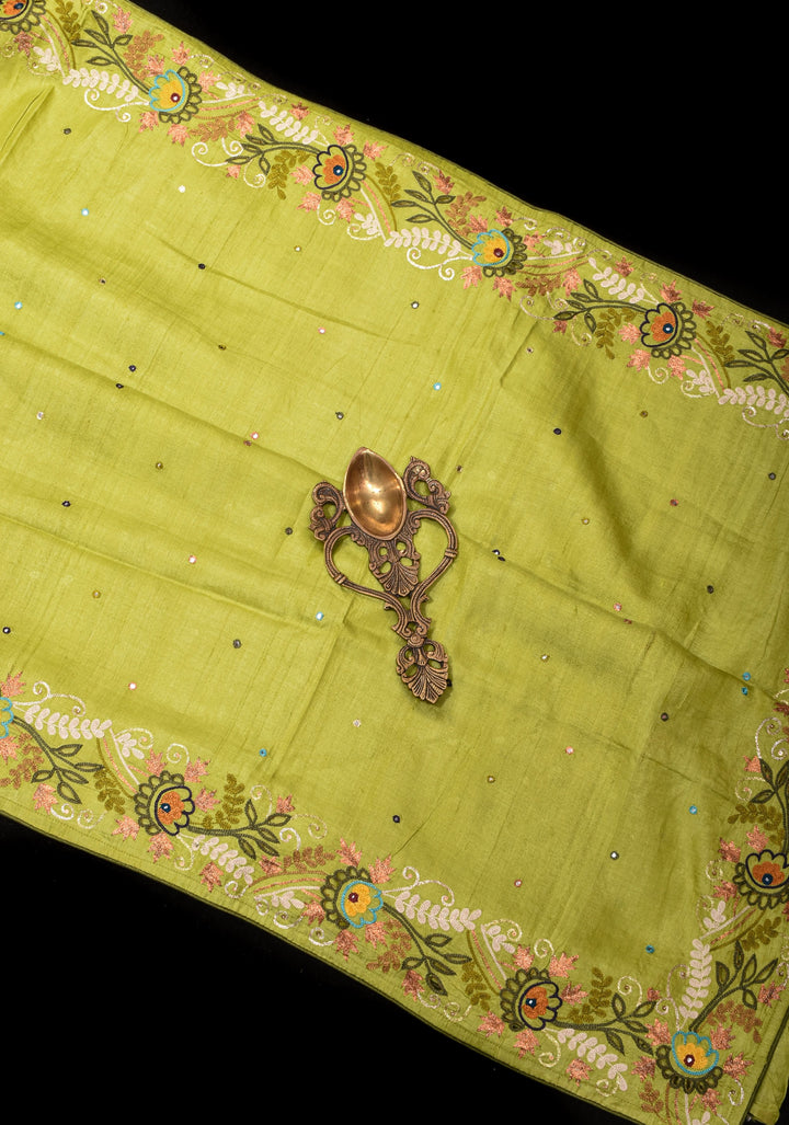 Exquisite Citrine Pure Gachi Tussar Silk Saree with Full Handwork Chain Stitch and Pitta Embroidery | SILK MARK CERTIFIED