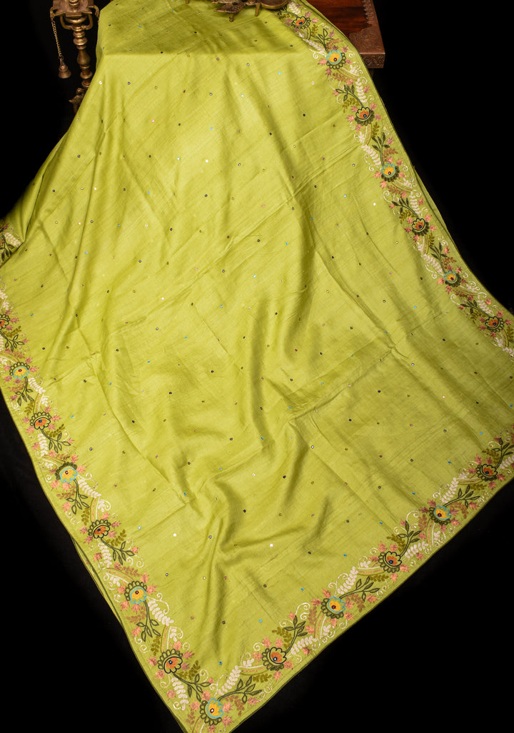 Exquisite Citrine Pure Gachi Tussar Silk Saree with Full Handwork Chain Stitch and Pitta Embroidery | SILK MARK CERTIFIED