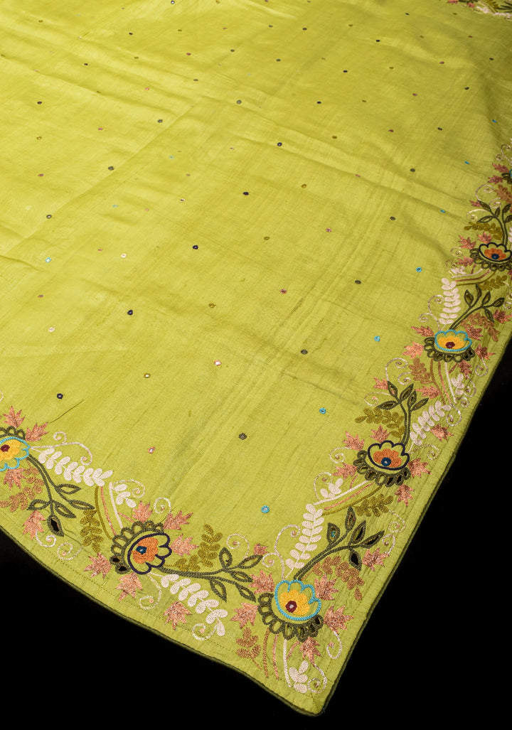 Exquisite Citrine Pure Gachi Tussar Silk Saree with Full Handwork Chain Stitch and Pitta Embroidery | SILK MARK CERTIFIED