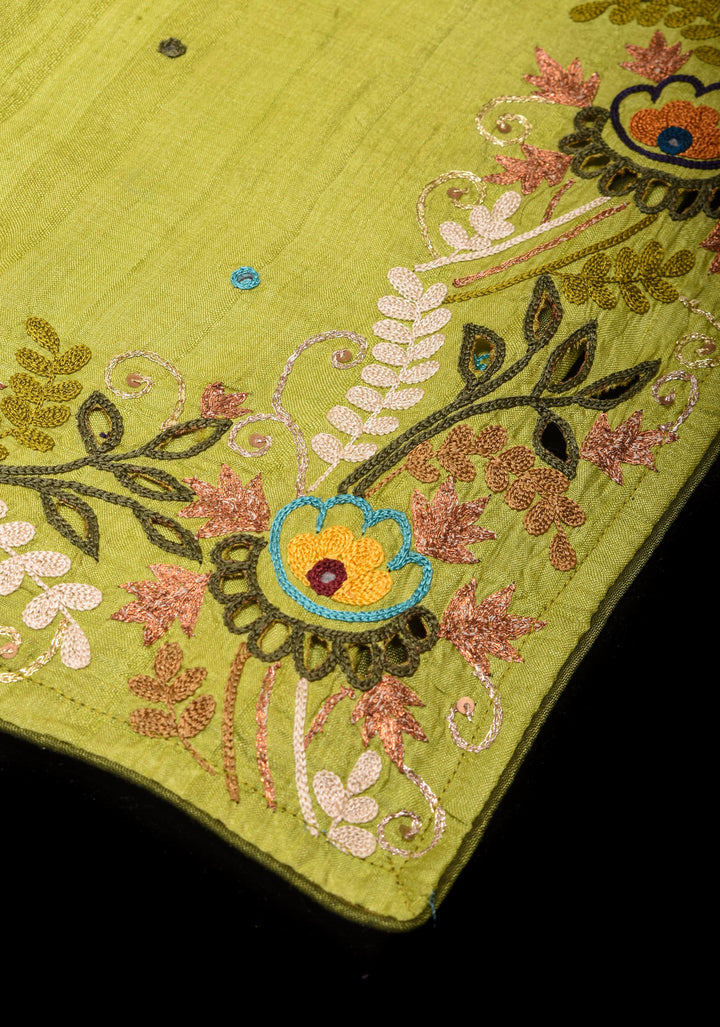 Exquisite Citrine Pure Gachi Tussar Silk Saree with Full Handwork Chain Stitch and Pitta Embroidery | SILK MARK CERTIFIED