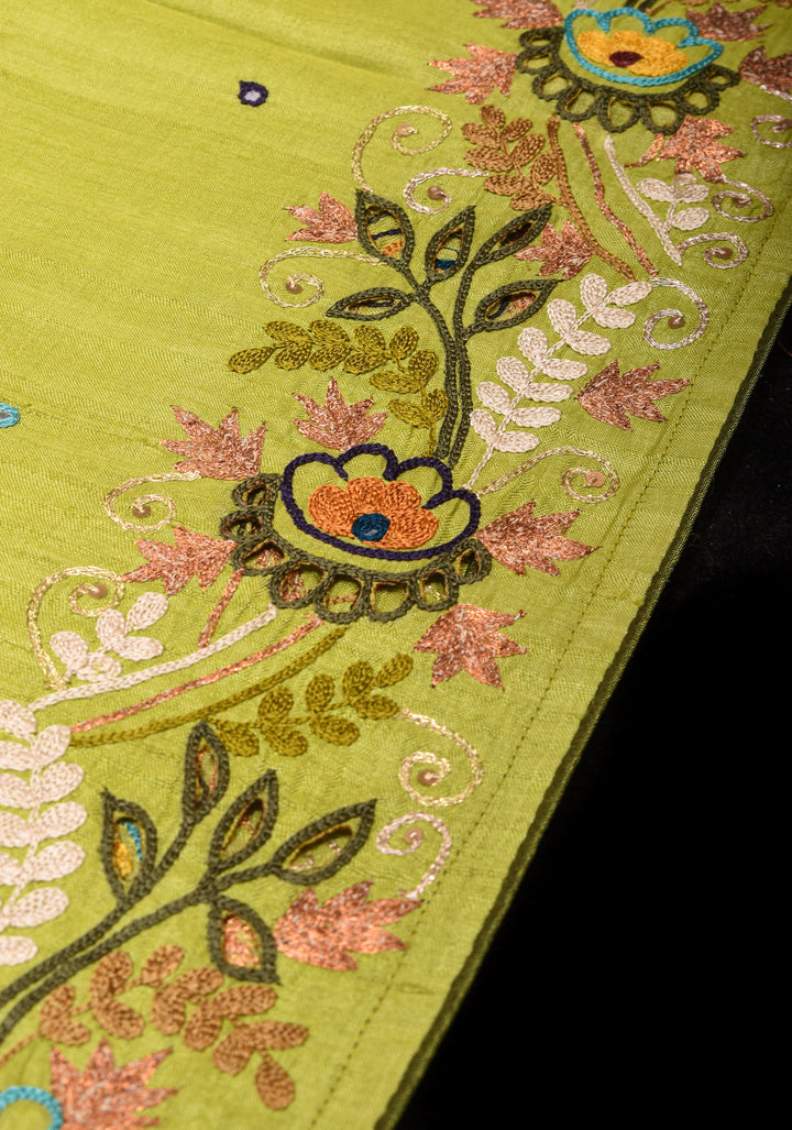 Exquisite Citrine Pure Gachi Tussar Silk Saree with Full Handwork Chain Stitch and Pitta Embroidery | SILK MARK CERTIFIED