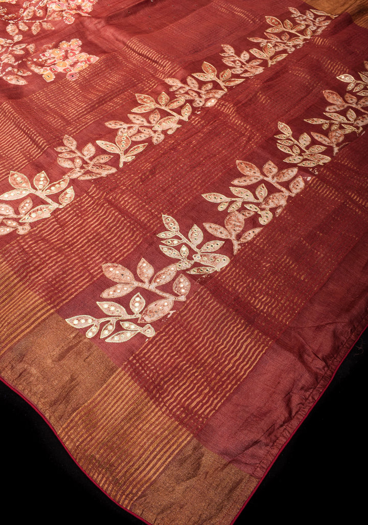 Earthly Red Tussar Silk Saree and Embroidered Mirror Work with Floral Batik leaf Print | SILK MARK CERTIFIED