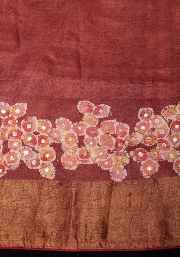 Earthly Red Tussar Silk Saree and Embroidered Mirror Work with Floral Batik leaf Print | SILK MARK CERTIFIED