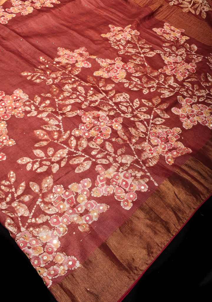 Earthly Red Tussar Silk Saree and Embroidered Mirror Work with Floral Batik leaf Print | SILK MARK CERTIFIED